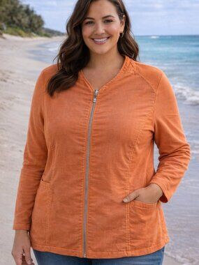 Olsen Orange Linen Blend Zip Front Jacket XL | Lightweight Spring